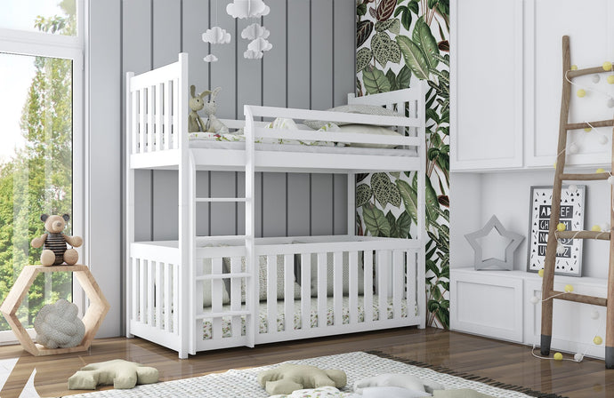 Wooden Bunk Bed Cris with Cot Bed Arte-N BUNK-CRIS-WHITE-R-NM The Cris bunk bed is an elegantly designed, aesthetic piece of furniture for the children. It includes bed at the lower floor with tall guards to prevent the child from getting out. A universal ladder that can be attached at either side of the bed leads to the upper floor which is reserved for older children. The bunk bed is finished in a health-friendly safer three-layer water-based paint. W198cm x H176cm x D98cm The distance (bed clearance heig