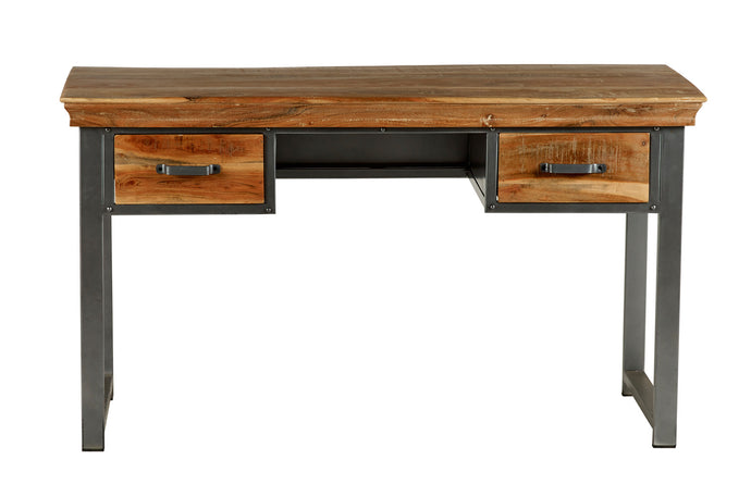 2 Drawer Writing Desk Indian Hub DA07 7625987938783 Dimensions: 77cm x 140cm x 60cm (Height x Width x Depth) Drawer/Cupboard: 11x29x37 Acacia Solid Wood Industrial Style Eco-Friendly wood used Partial Assembly required Slightly distressed wood Colour variations due to natural wood colour Made in INDIA This modern solid wood and metal style furniture is created by skilled craftsmen using reclaimed metal and slightly distressed wood The solid wood features sandblasted white stain in combination with gun metal