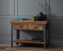 Load image into Gallery viewer, 2 Drawer Console Table Indian Hub DA08 7625987941677 Dimensions: 77cm x 115cm x 40cm (Height x Width x Depth) Drawer/Cupboard: 11x40x29 Acacia Solid Wood Industrial Style Eco-Friendly wood used Fully Assembled Slightly distressed wood Colour variations due to natural wood colour Made in INDIA This modern solid wood and metal style furniture is created by skilled craftsmen using reclaimed metal and slightly distressed wood The solid wood features sandblasted white stain in combination with gun metal patina a