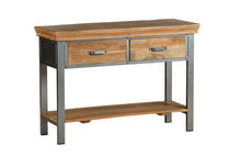 Load image into Gallery viewer, 2 Drawer Console Table Indian Hub DA08 7625987941677 Dimensions: 77cm x 115cm x 40cm (Height x Width x Depth) Drawer/Cupboard: 11x40x29 Acacia Solid Wood Industrial Style Eco-Friendly wood used Fully Assembled Slightly distressed wood Colour variations due to natural wood colour Made in INDIA This modern solid wood and metal style furniture is created by skilled craftsmen using reclaimed metal and slightly distressed wood The solid wood features sandblasted white stain in combination with gun metal patina a