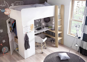 Tom TM-01 Bunk Bed with Computer Desk Wardrobe Arte-N TOM TM-01N A 3-in-1 ergonomic multi-functional bed for a child’s room. It comes built-in with a desk, spacious shelving space a wardrobe at the side where clothes school accessories can be stored. The mattress at the top (included in the purchase) can be accessed via the sturdy wooden ladder at the side. W205cm x H189cm x D108cm Bed Size: 90 x 200cm Mattress Included  Ladder Is Not Removable  Desk Storage Weight: 190kg Estimated Direct Home Delivery Time