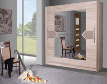 Load image into Gallery viewer, Dome DO4 Sliding Door Wardrobe Arte-N DOME DO4-15 Finished in a combination of Oak Sonoma Cappuccino gloss décor, the DO4 wardrobe has a traditional as well as a stylish vibe to it. It has two sliding doors, each with a highly decorative design large pieces of mirrors for visually enlarging the space. The wardrobe has removable shelves one hanging rail; hence, users can customize the interior create unique interior arrangements. W150cm x H216cm x D58cm W200cm x H216cm x D58cm W240cm x H216cm x D58cm Sonoma 