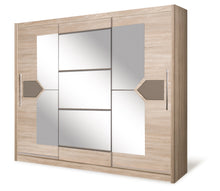 Load image into Gallery viewer, Dome DO4 Sliding Door Wardrobe Arte-N DOME DO4-15 Finished in a combination of Oak Sonoma Cappuccino gloss décor, the DO4 wardrobe has a traditional as well as a stylish vibe to it. It has two sliding doors, each with a highly decorative design large pieces of mirrors for visually enlarging the space. The wardrobe has removable shelves one hanging rail; hence, users can customize the interior create unique interior arrangements. W150cm x H216cm x D58cm W200cm x H216cm x D58cm W240cm x H216cm x D58cm Sonoma 