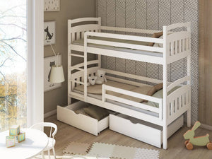 Wooden Bunk Bed Gabi with Storage Arte-N BUNK-GABI-WHITE-R-NM The Gabi bunk bed features a universal ladder that can fit on either side to support even the tallest of kids. The ladder also adds privacy if your child wants to escape to the top bunk. When it's time for a good night's sleep, Gabi’s unique no-wobble corner posts ensure that your bed is sturdy safe. In addition, two under-bed drawers provide storage to keep clutter off the floor. W198cm x H164cm x D98cm The distance (bed clearance height) betwee