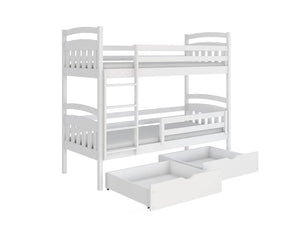 Wooden Bunk Bed Gabi with Storage Arte-N BUNK-GABI-WHITE-R-NM The Gabi bunk bed features a universal ladder that can fit on either side to support even the tallest of kids. The ladder also adds privacy if your child wants to escape to the top bunk. When it's time for a good night's sleep, Gabi’s unique no-wobble corner posts ensure that your bed is sturdy safe. In addition, two under-bed drawers provide storage to keep clutter off the floor. W198cm x H164cm x D98cm The distance (bed clearance height) betwee