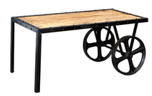 Load image into Gallery viewer, COSMO INDUSTRIAL CART COFFEE TABLE Indian Hub ID12 5051132945207 Dimensions: 45cm x 100cm x 55cm (Height x Width x Depth) Industrial Style Reclaimed Fully Assembled Eco Friendly wood used White glove delivery Made in INDIA Eco-friendly hand-crafted range made from Solid Mango Wood and Reclaimed Industrial Metal The light grain hardwood is left in its natural state and colour offering natural variations and slight cracking with banded iron edges
