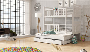 Wooden Bunk Bed Klara with Trundle Storage Arte-N BUNK-KLARA-WHITE-R-NM The Klara bunk bed with trundle two storage drawers is space-friendly a practical choice of furniture for your home. It provides a secure comfortable sleeping area, protected by tall guard rails on both the upper lower beds. The ladder is universal can be attached at either side of the bed.   W198cm x H171cm x D98cm The distance of the top bunk mattress from the floor - 114.5cm The distance of the bottom bunk mattress from the floor - 2