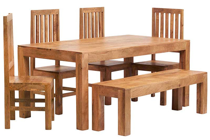 TOKO LIGHT MANGO 6FT DINING SET WITH BENCH & 4 WOODEN CHAIRS Indian Hub LD105 5051132947294 Dimensions: N/Acm x N/Acm x N/Acm (Height x Width x Depth) Solid Mango Wood Partial Assembly required Eco Friendly wood used White glove delivery Made in INDIA The Toko Light Mango is a fabulous collection of contemporary mango furniture made from solid mango hardwood obtained from sustainable sources which is lightly stained and accompanied with a matt finish having simple clean lines to give a natural warm look and
