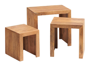 TOKO LIGHT MANGO NEST OF 3 TABLES Indian Hub LM06 5051132947065 Dimensions: 46cm x 46cm x 30cm (Height x Width x Depth) Solid Mango Wood Fully Assembled Eco Friendly wood used Made in INDIA The Toko Light Mango is a fabulous collection of contemporary mango furniture made from solid mango hardwood obtained from sustainable sources which is lightly stained and accompanied with a matt finish having simple clean lines to give a natural warm look and maintain the woods natural beauty complemented with matching 