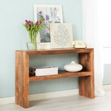 Load image into Gallery viewer, TOKO LIGHT MANGO CONSOLE TABLE Indian Hub LM14 5051132947157 Dimensions: 78cm x 118cm x 35cm (Height x Width x Depth) Solid Mango Wood Fully Assembled Eco Friendly wood used White glove delivery Made in INDIA The Toko Light Mango is a fabulous collection of contemporary mango furniture made from solid mango hardwood obtained from sustainable sources which is lightly stained and accompanied with a matt finish having simple clean lines to give a natural warm look and maintain the woods natural beauty compleme