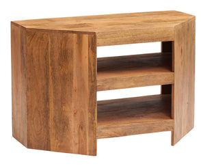 TOKO LIGHT MANGO CORNER TV UNIT Indian Hub LM26 5051132947102 Dimensions: 65cm x 100cm x 54cm (Height x Width x Depth) Solid Mango Wood Fully Assembled Eco Friendly wood used Matching Wooden Handles White glove delivery Made in INDIA The Toko Light Mango is a fabulous collection of contemporary mango furniture made from solid mango hardwood obtained from sustainable sources which is lightly stained and accompanied with a matt finish having simple clean lines to give a natural warm look and maintain the wood