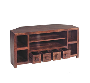TOKO DARK MANGO CORNER TV UNIT Indian Hub ML10 5051132946792 Dimensions: 55cm x 110cm x 45cm (Height x Width x Depth) Solid Mango Wood Fully Assembled Eco Friendly wood used White glove delivery Made in INDIA The Toko Mango is a stunning collection of contemporary Mango furniture made from sustainable sources with simple clean lines and real warmth from dark walnut stain complemented with matching wooden handles