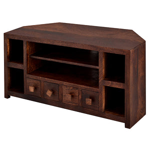 TOKO DARK MANGO CORNER TV UNIT Indian Hub ML10 5051132946792 Dimensions: 55cm x 110cm x 45cm (Height x Width x Depth) Solid Mango Wood Fully Assembled Eco Friendly wood used White glove delivery Made in INDIA The Toko Mango is a stunning collection of contemporary Mango furniture made from sustainable sources with simple clean lines and real warmth from dark walnut stain complemented with matching wooden handles