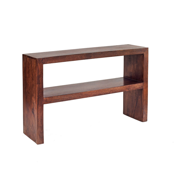 TOKO DARK MANGO CONSOLE TABLE Indian Hub ML14 5051132946839 Dimensions: 78cm x 118cm x 35cm (Height x Width x Depth) Solid Mango Wood Fully Assembled Eco Friendly wood used White glove delivery Made in INDIA The Toko Mango is a stunning collection of contemporary Mango furniture made from sustainable sources with simple clean lines and real warmth from dark walnut stain complemented with matching wooden handles