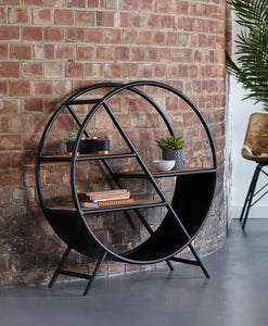 Cosmo Industrial Round Open Bookcase Indian Hub OF03 7625991384880 Dimensions: 90cm x 100cm x 33cm (Height x Width x Depth) Industrial Style Reclaimed Fully Assembled Eco Friendly wood used Colour variations due to natural wood colour White glove delivery Made in INDIA Handmade from reclaimed metal and wood this Industrial Vintage Style Round Bookcase will complement any surroundings