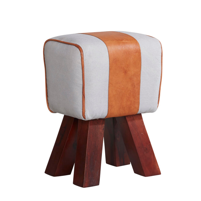 CANVAS AND LEATHER STOOL Indian Hub PK30 5051132945832 Dimensions: 45cm x 33cm x 25cm (Height x Width x Depth) Handmade from genuine cowhide durable Fully Assembled Solid Hardwood Frame Made in INDIA 0