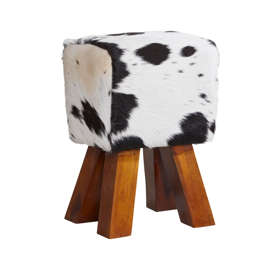 COWHIDE STOOL DARK Indian Hub PK32 5051132945856 Dimensions: 45cm x 33cm x 25cm (Height x Width x Depth) Handmade from genuine cowhide in dark finish Fully Assembled Solid Hardwood Frame Made in INDIA 0