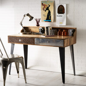 SORIO DESK / CONSOLE TABLE Indian Hub S04 5051132946488 Dimensions: 90cm x 120cm x 60cm (Height x Width x Depth) Reclaimed Wood Partial Assembly required Eco Friendly wood used White glove delivery Made in INDIA Hand-crafted by our own skilled craftsmen this range offers a new dimension to furniture making Each drawer is made from different material which makes each product unique finished with traditional handles and knobs