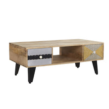 Load image into Gallery viewer, SORIO 4 DRAWER COFFEE TABLE Indian Hub S09 5051132946532 Dimensions: 45cm x 110cm x 60cm (Height x Width x Depth) Reclaimed Wood Fully Assembled Eco Friendly wood used White glove delivery Made in INDIA Hand-crafted by our own skilled craftsmen this range offers a new dimension to furniture making Each drawer is made from different material which makes each product unique finished with traditional handles and knobs