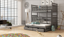 Load image into Gallery viewer, Wooden Bunk Bed Klara with Trundle Storage Arte-N BUNK-KLARA-WHITE-R-NM The Klara bunk bed with trundle two storage drawers is space-friendly a practical choice of furniture for your home. It provides a secure comfortable sleeping area, protected by tall guard rails on both the upper lower beds. The ladder is universal can be attached at either side of the bed.   W198cm x H171cm x D98cm The distance of the top bunk mattress from the floor - 114.5cm The distance of the bottom bunk mattress from the floor - 2